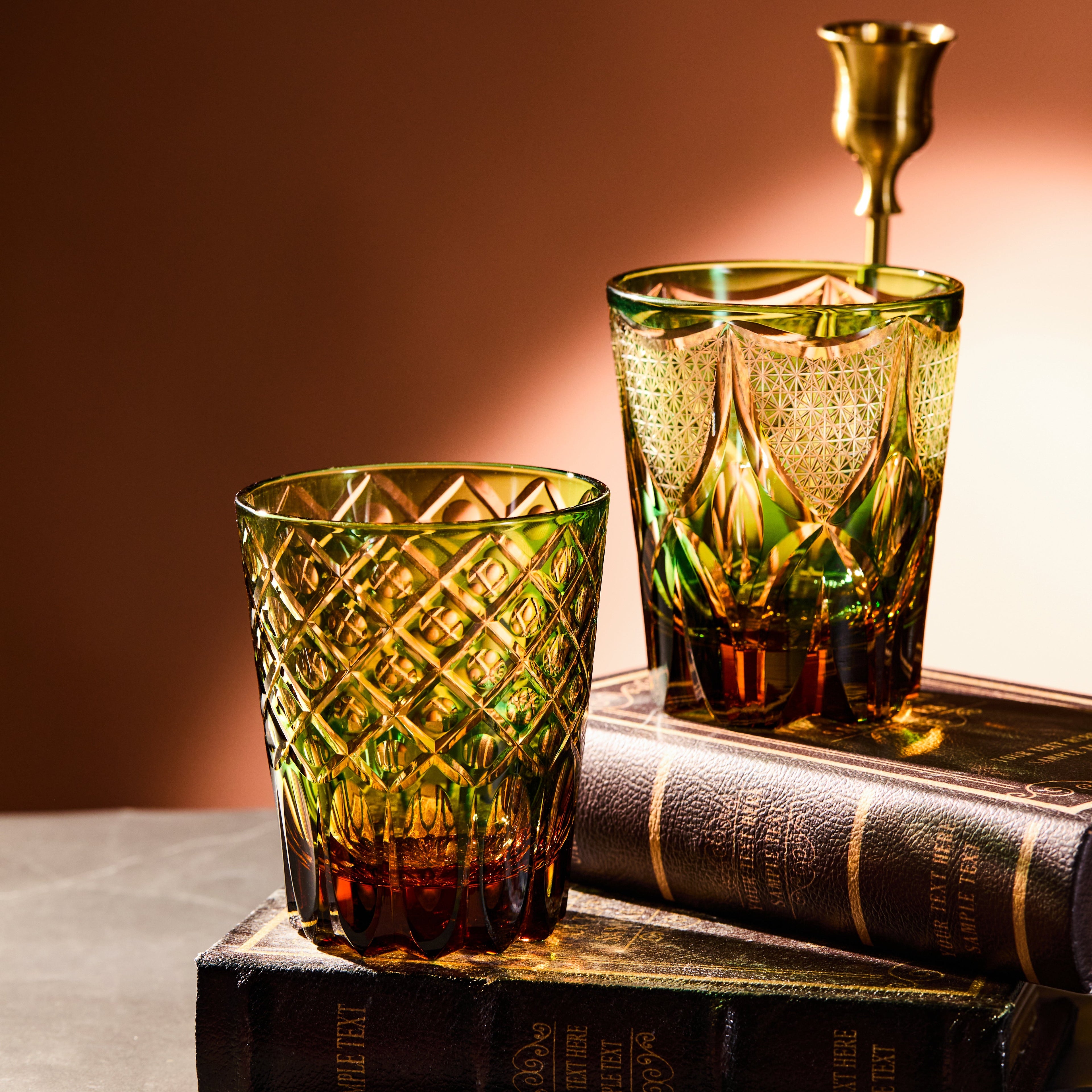 Handcrafted Edo Kiriko Ryokusho Yugure whisky glass, Japanese cut crystal tumbler by Viko