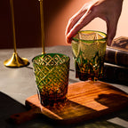 Handcrafted Edo Kiriko Ryokusho Yugure whisky glass, Japanese cut crystal tumbler by Viko