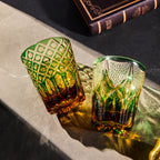 Handcrafted Edo Kiriko Ryokusho Yugure whisky glass, Japanese cut crystal tumbler by Viko