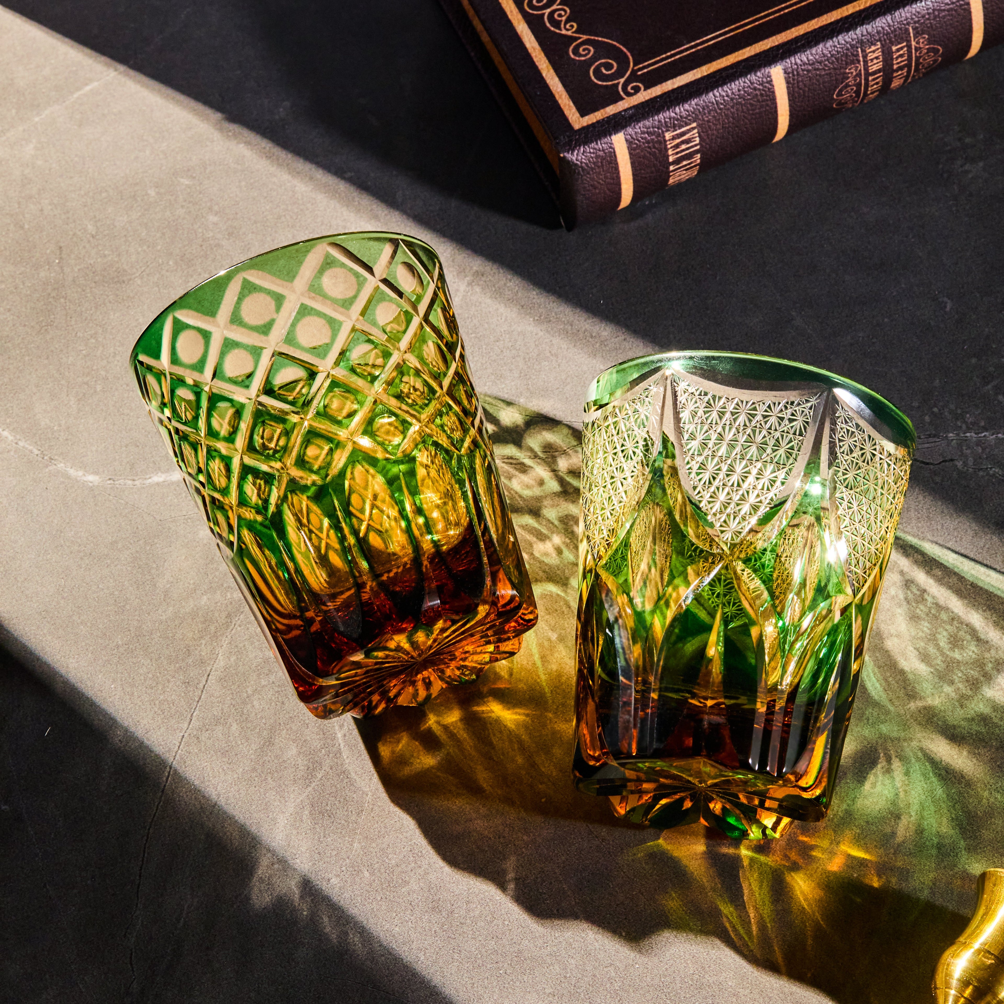Handcrafted Edo Kiriko Ryokusho Yugure whisky glass, Japanese cut crystal tumbler by Viko