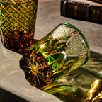 Handcrafted Edo Kiriko Ryokusho Yugure whisky glass, Japanese cut crystal tumbler by Viko