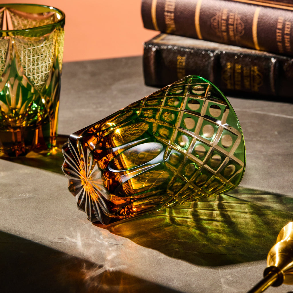 Handcrafted Edo Kiriko Ryokusho Yugure whisky glass, Japanese cut crystal tumbler by Viko