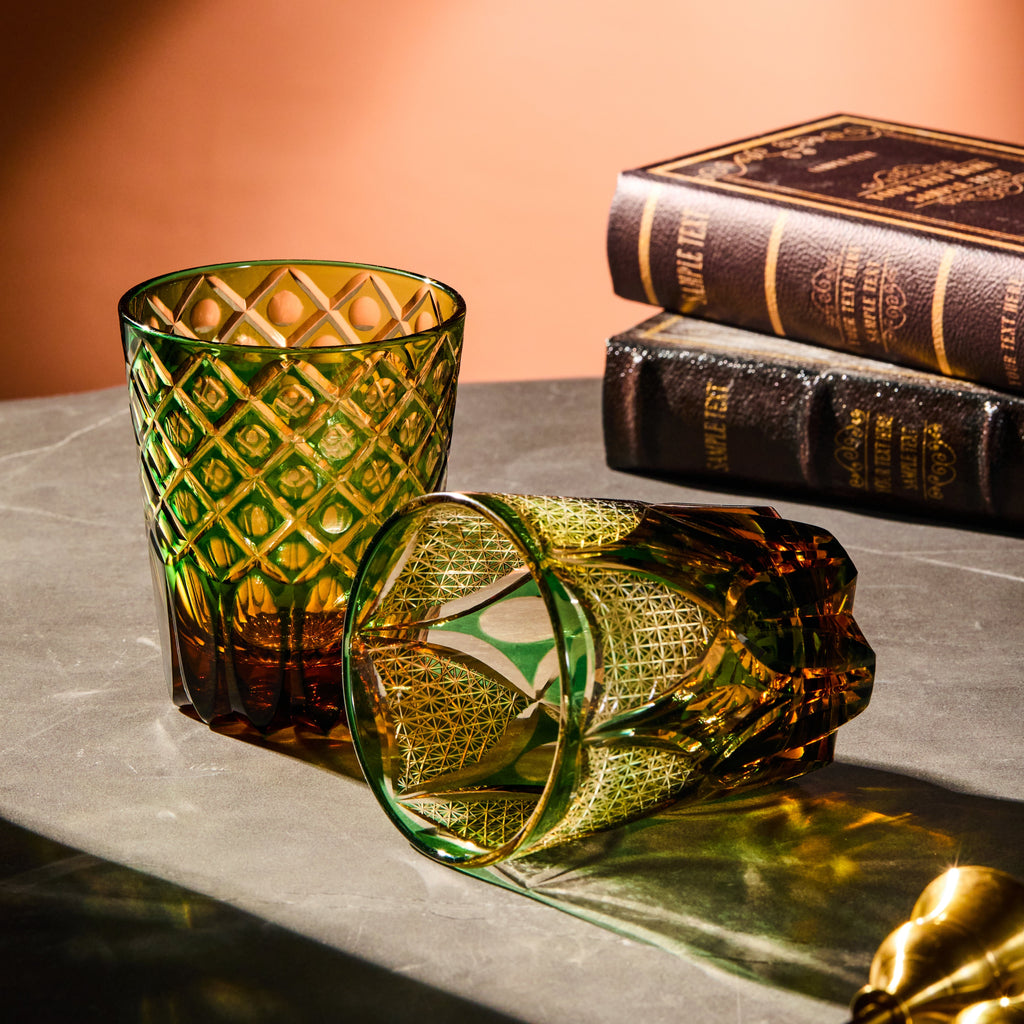 Handcrafted Edo Kiriko Ryokusho Yugure whisky glass, Japanese cut crystal tumbler by Viko