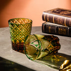 Handcrafted Edo Kiriko Ryokusho Yugure whisky glass, Japanese cut crystal tumbler by Viko