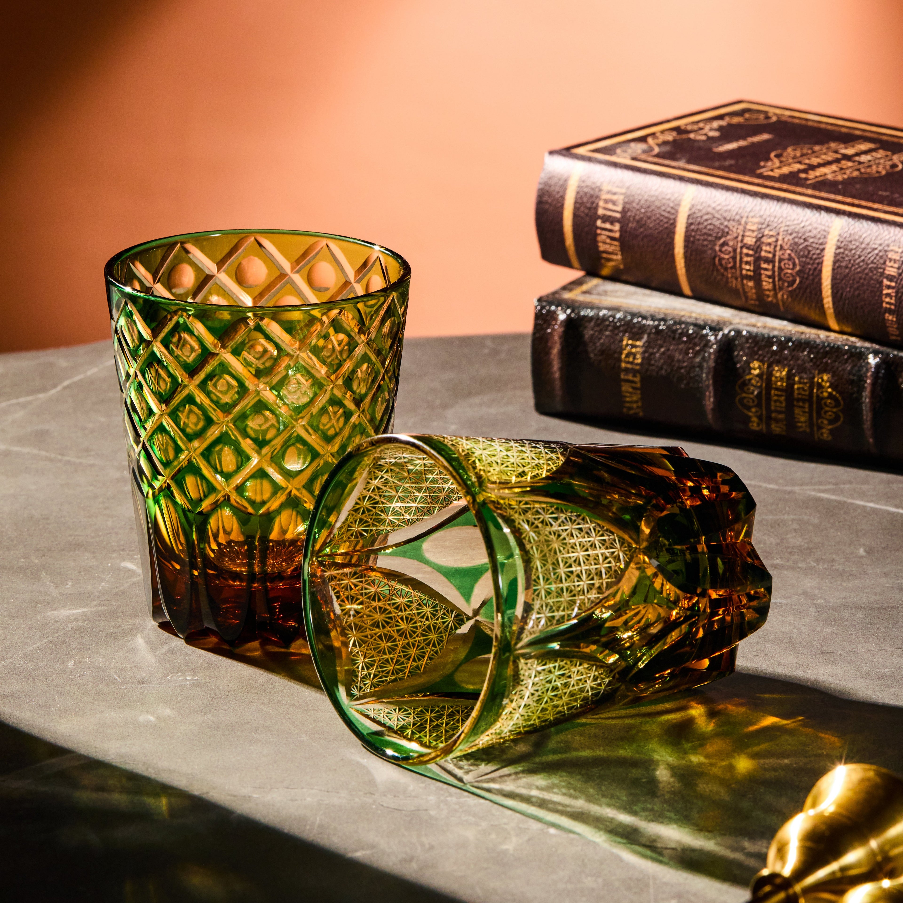 Handcrafted Edo Kiriko Ryokusho Yugure whisky glass, Japanese cut crystal tumbler by Viko