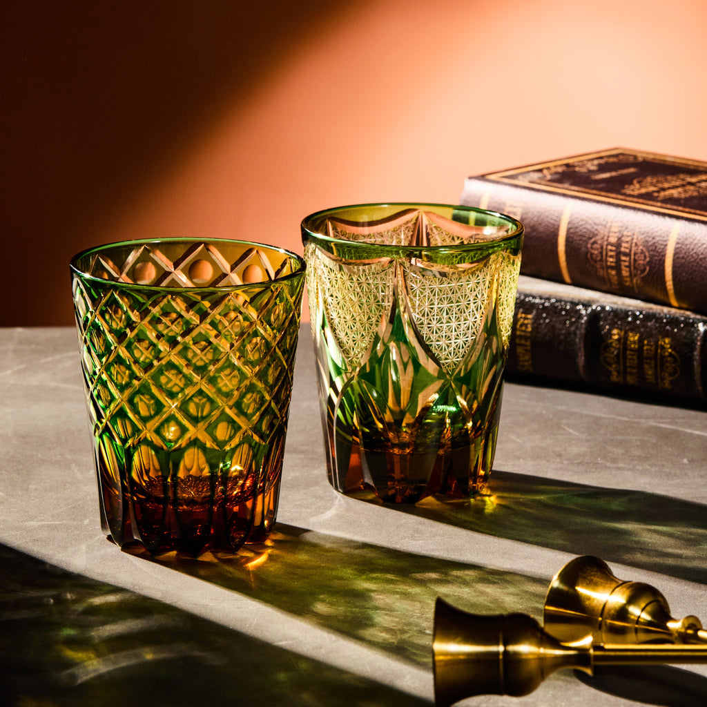 Handcrafted Edo Kiriko Ryokusho Yugure whisky glass, Japanese cut crystal tumbler by Viko