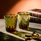 Handcrafted Edo Kiriko Ryokusho Yugure whisky glass, Japanese cut crystal tumbler by Viko