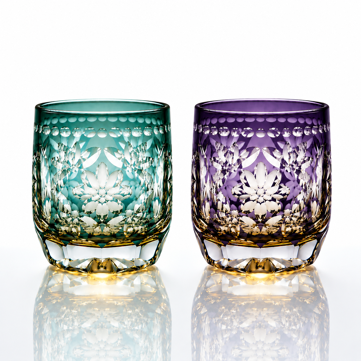 Handcrafted Edo Kiriko Seika Kasane whisky glass, Japanese cut crystal tumbler by Viko