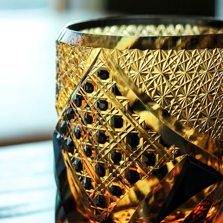 Handcrafted Edo Kiriko Dark Knight whisky glass, Japanese cut crystal tumbler by Viko