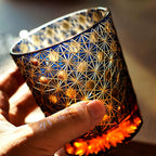 Handcrafted Edo Kiriko Amber Star Chrysanthemum whisky glass, Japanese cut crystal tumbler by Viko