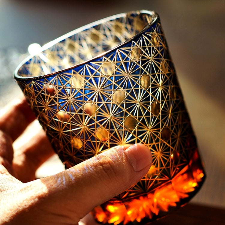 Handcrafted Edo Kiriko Amber Star Chrysanthemum whisky glass, Japanese cut crystal tumbler by Viko