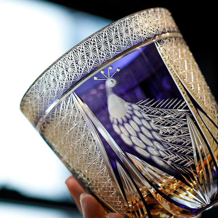Handcrafted Edo Kiriko Violet Peacock whisky glass, Japanese cut crystal tumbler by Viko
