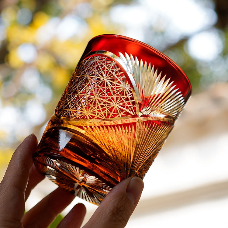 Handcrafted Edo Kiriko Crane Feather whisky glass, Japanese cut crystal tumbler by Viko