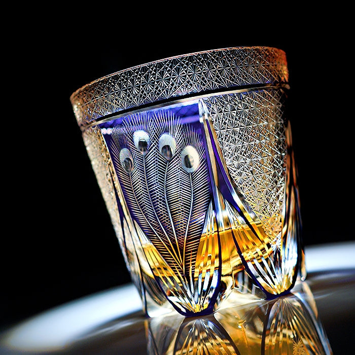 Handcrafted Edo Kiriko Violet Peacock whisky glass, Japanese cut crystal tumbler by Viko