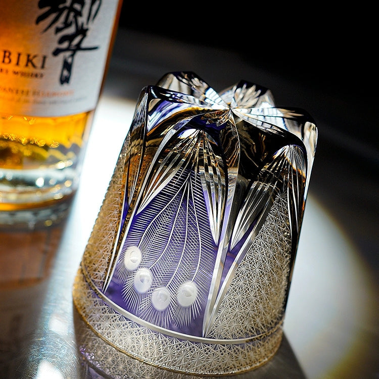 Handcrafted Edo Kiriko Violet Peacock whisky glass, Japanese cut crystal tumbler by Viko