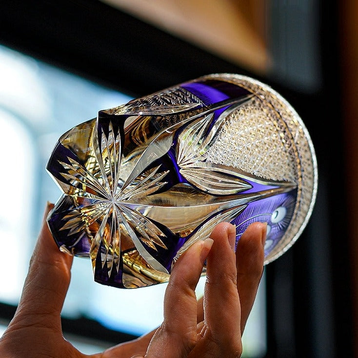 Handcrafted Edo Kiriko Violet Peacock whisky glass, Japanese cut crystal tumbler by Viko