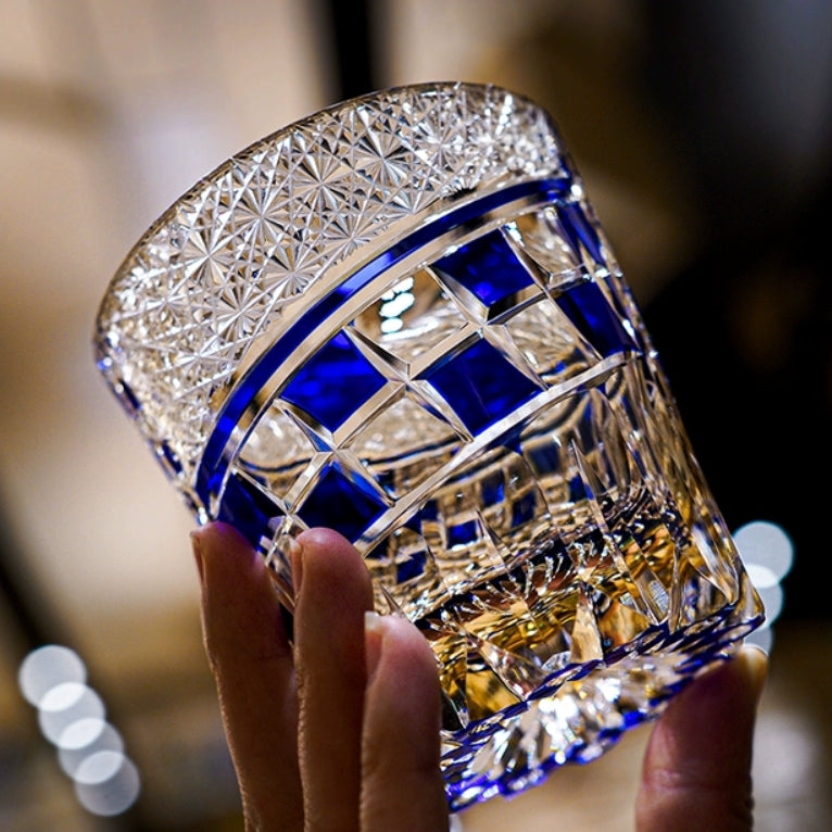 Handcrafted Edo Kiriko Sapphire Motif whisky glass, Japanese cut crystal tumbler by Viko