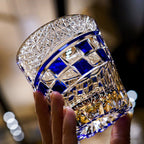 Handcrafted Edo Kiriko Sapphire Motif whisky glass, Japanese cut crystal tumbler by Viko