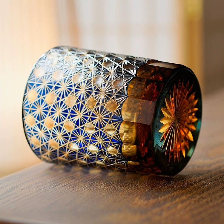 Handcrafted Edo Kiriko Amber Star Chrysanthemum whisky glass, Japanese cut crystal tumbler by Viko