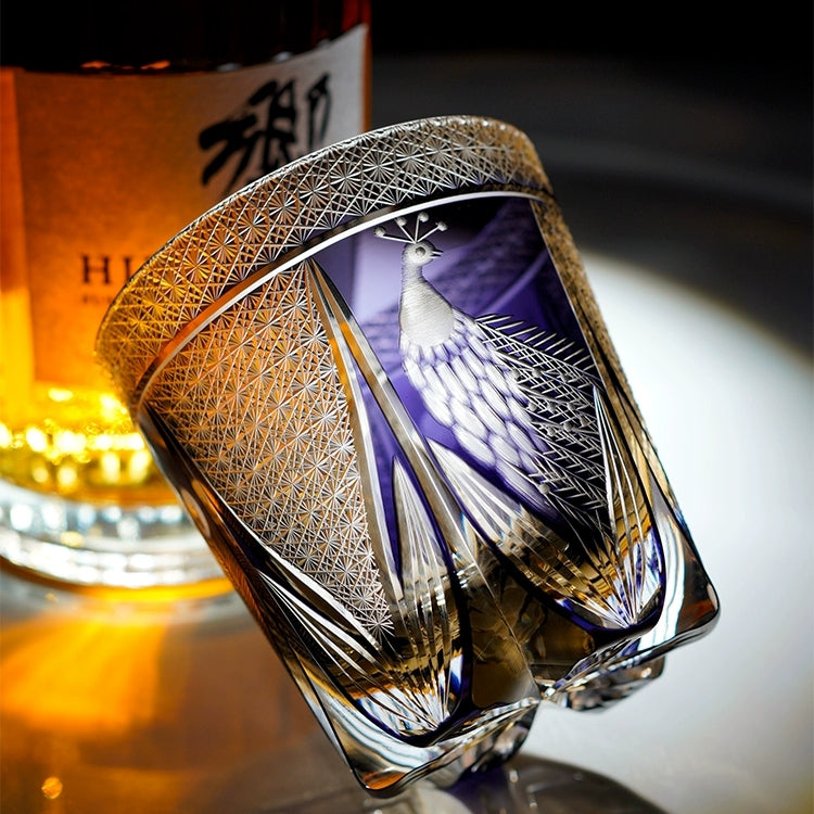 Handcrafted Edo Kiriko Violet Peacock whisky glass, Japanese cut crystal tumbler by Viko