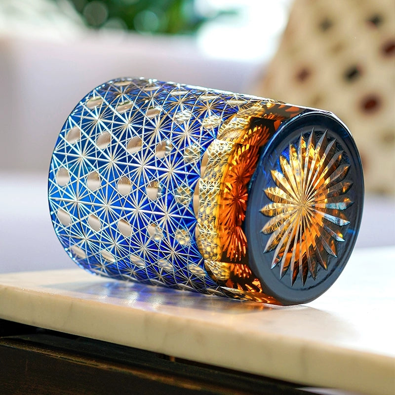 Handcrafted Edo Kiriko Amber Star Chrysanthemum whisky glass, Japanese cut crystal tumbler by Viko