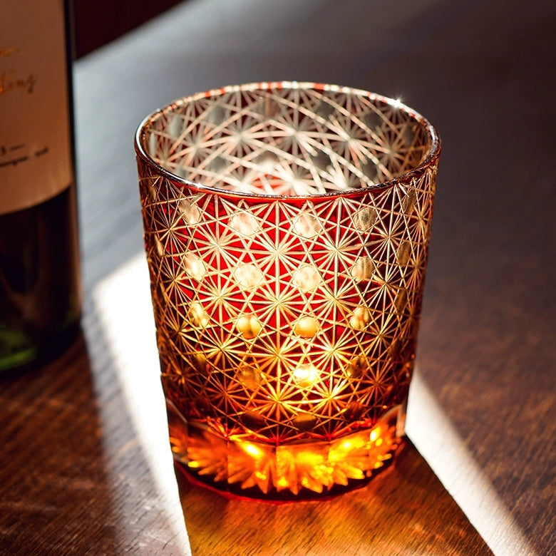 Handcrafted Edo Kiriko Amber Star Chrysanthemum whisky glass, Japanese cut crystal tumbler by Viko