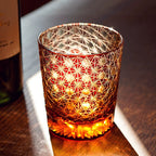 Handcrafted Edo Kiriko Amber Star Chrysanthemum whisky glass, Japanese cut crystal tumbler by Viko