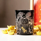 Handcrafted Edo Kiriko Kuro Kin Maneki Neko whisky glass, Japanese cut crystal tumbler by Viko