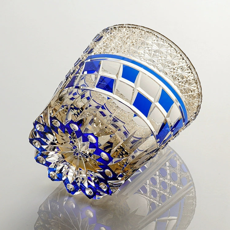 Handcrafted Edo Kiriko Sapphire Motif whisky glass, Japanese cut crystal tumbler by Viko