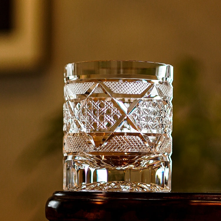 Handcrafted Edo Kiriko Hexagonal Chrysanthemum whisky glass, Japanese cut crystal tumbler by Viko