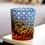 Handcrafted Edo Kiriko Blue Amber whisky glass, Japanese cut crystal tumbler by Viko
