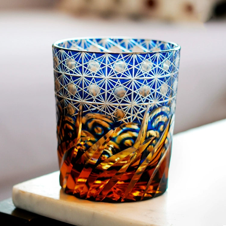 Handcrafted Edo Kiriko Blue Amber whisky glass, Japanese cut crystal tumbler by Viko