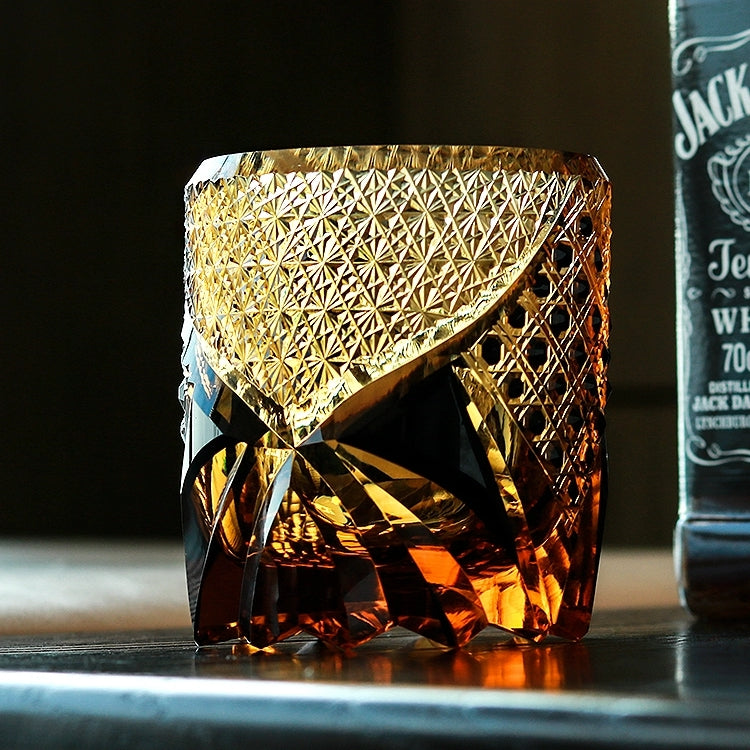 Handcrafted Edo Kiriko Dark Knight whisky glass, Japanese cut crystal tumbler by Viko