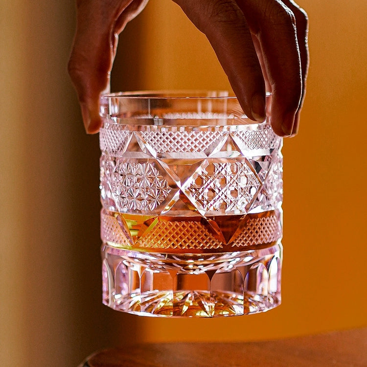 Handcrafted Edo Kiriko Hexagonal Chrysanthemum whisky glass, Japanese cut crystal tumbler by Viko