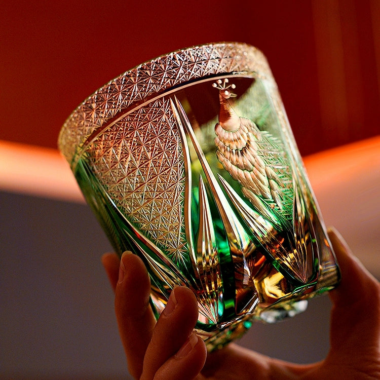 Handcrafted Edo Kiriko Emerald Peacock whisky glass, Japanese cut crystal tumbler by Viko