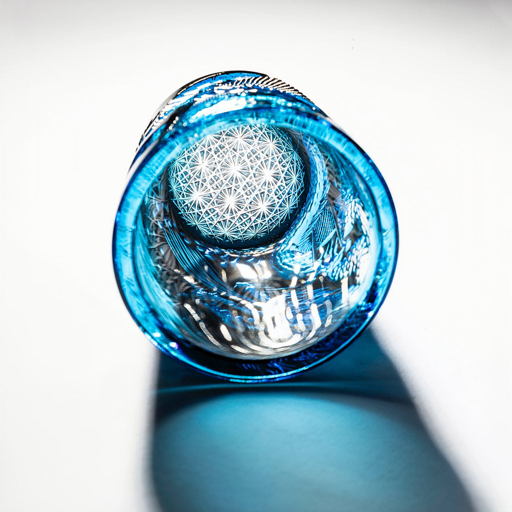 Handcrafted Edo Kiriko Ryujin Asanoha whisky glass, Japanese cut crystal tumbler by Viko