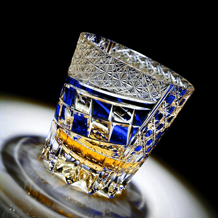 Handcrafted Edo Kiriko Sapphire Motif whisky glass, Japanese cut crystal tumbler by Viko