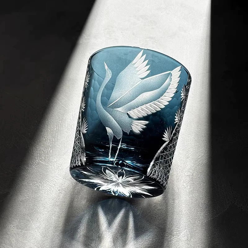 Handcrafted Edo Kiriko Soaring Crane whisky glass, Japanese cut crystal tumbler by Viko