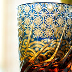 Handcrafted Edo Kiriko Blue Amber whisky glass, Japanese cut crystal tumbler by Viko