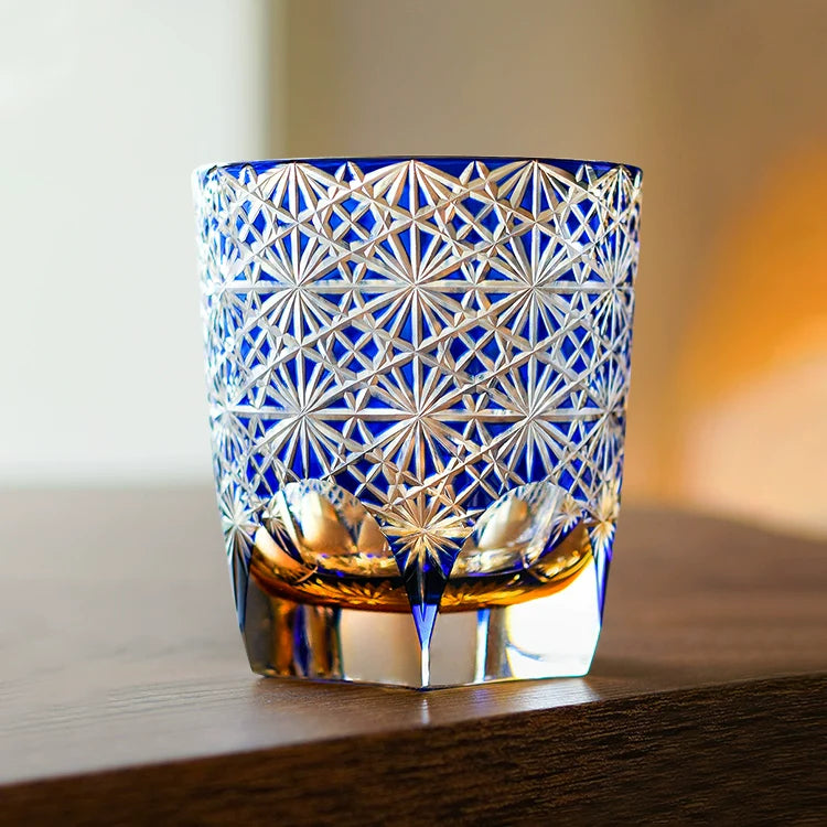 Handcrafted Edo Kiriko Blue Amber whisky glass, Japanese cut crystal tumbler by Viko