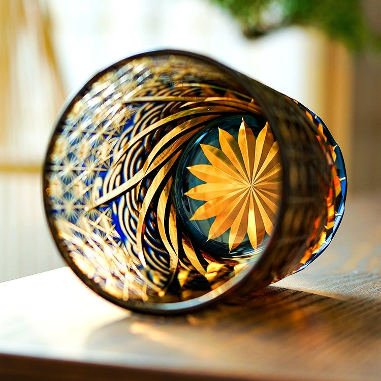 Handcrafted Edo Kiriko Blue Amber whisky glass, Japanese cut crystal tumbler by Viko