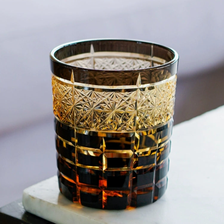 Handcrafted Edo Kiriko Diamond Amber whisky glass, Japanese cut crystal tumbler by Viko