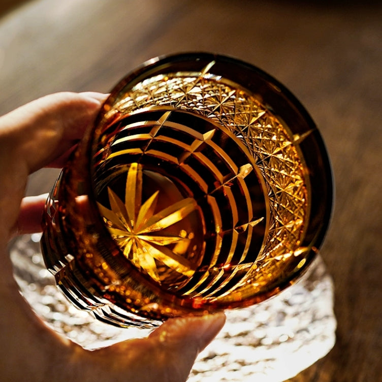 Handcrafted Edo Kiriko Diamond Amber whisky glass, Japanese cut crystal tumbler by Viko