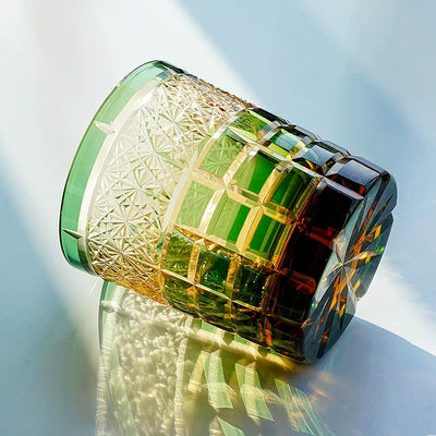 Handcrafted Edo Kiriko Diamond Amber whisky glass, Japanese cut crystal tumbler by Viko