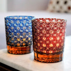 Handcrafted Edo Kiriko Amber Star Chrysanthemum whisky glass, Japanese cut crystal tumbler by Viko