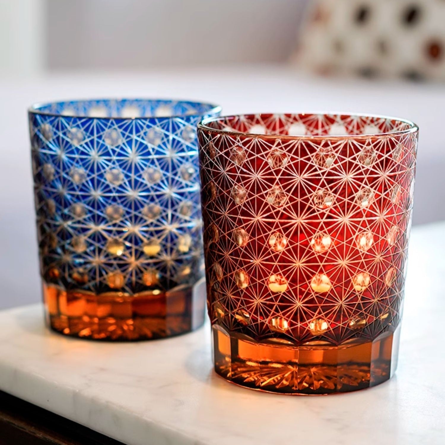 Handcrafted Edo Kiriko Amber Star Chrysanthemum whisky glass, Japanese cut crystal tumbler by Viko