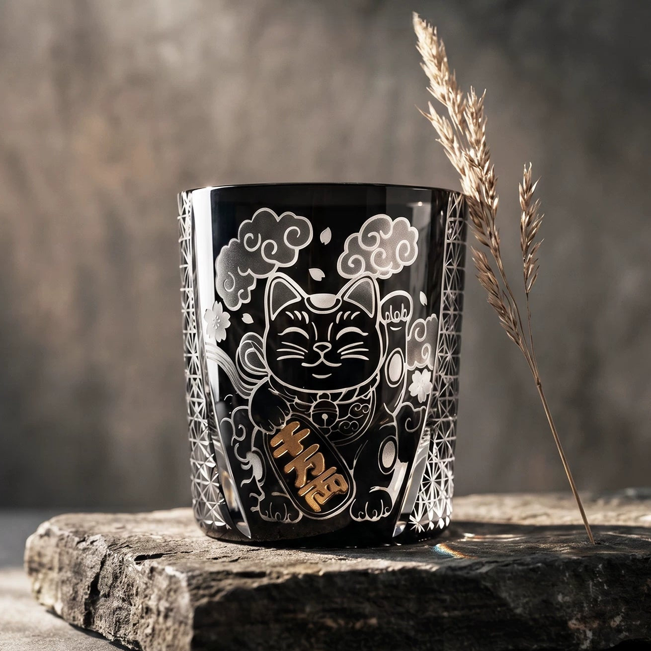 Handcrafted Edo Kiriko Kuro Kin Maneki Neko whisky glass, Japanese cut crystal tumbler by Viko
