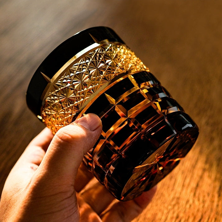 Handcrafted Edo Kiriko Diamond Amber whisky glass, Japanese cut crystal tumbler by Viko
