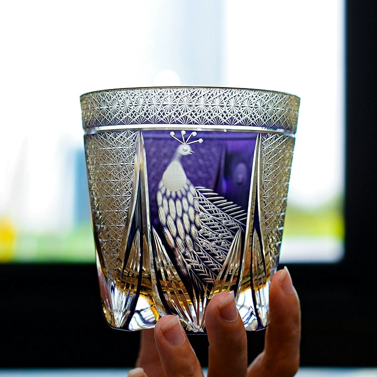 Handcrafted Edo Kiriko Violet Peacock whisky glass, Japanese cut crystal tumbler by Viko