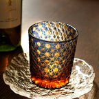 Handcrafted Edo Kiriko Amber Star Chrysanthemum whisky glass, Japanese cut crystal tumbler by Viko
